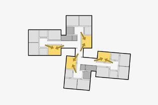 Schaltzimmer: Flexible Räume können aus der gemeinsamen Mitte oder den Clustern erschlossen werden